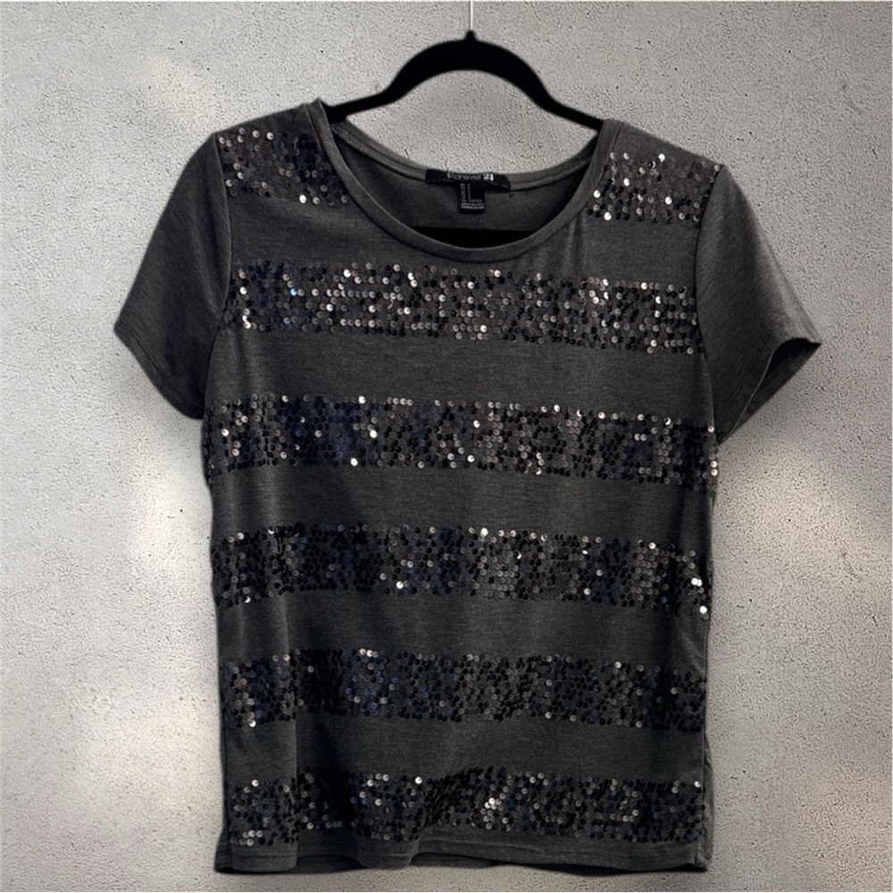 Forever 21 Charcoal Sequin Short Sleeve Top